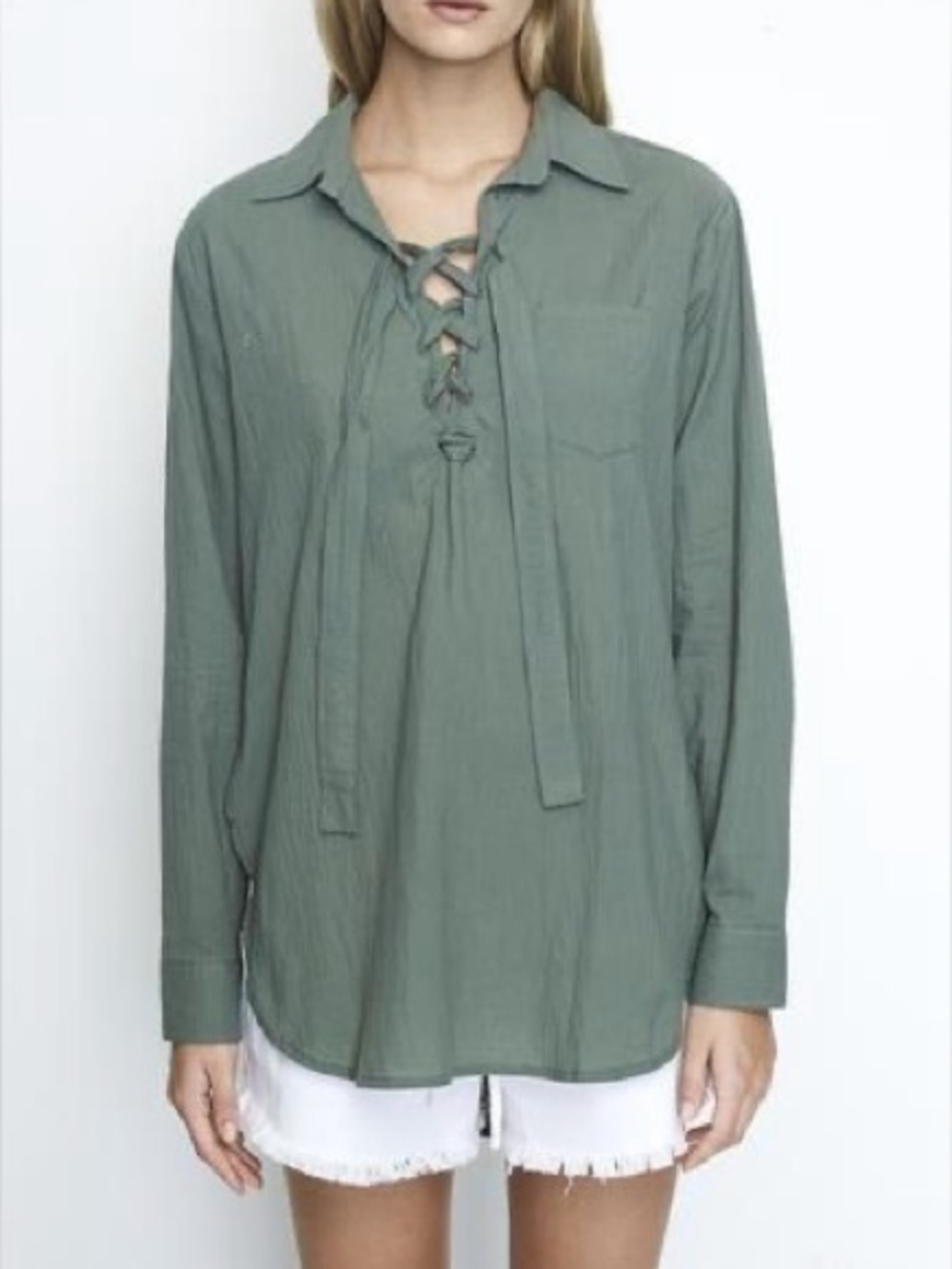 Faithfull the Brand Sage Green Lace-Up Collar Long Sleeve Shirt